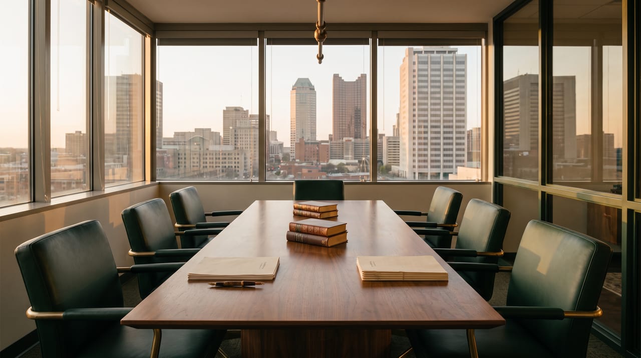 Conference room with a walnut table and the Columbus skyline in late afternoon light