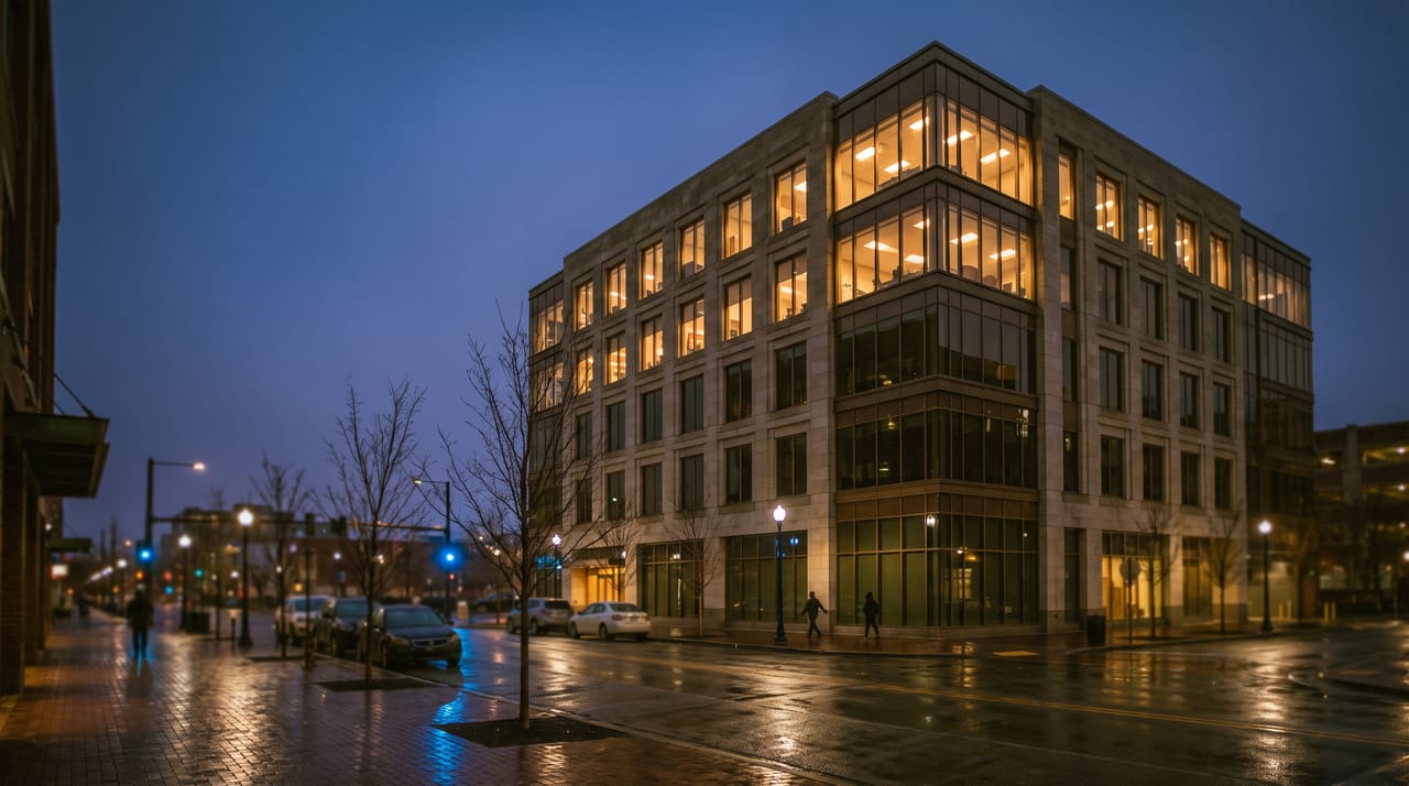 Limestone and bronze glass office building at blue hour on a wet downtown Columbus street