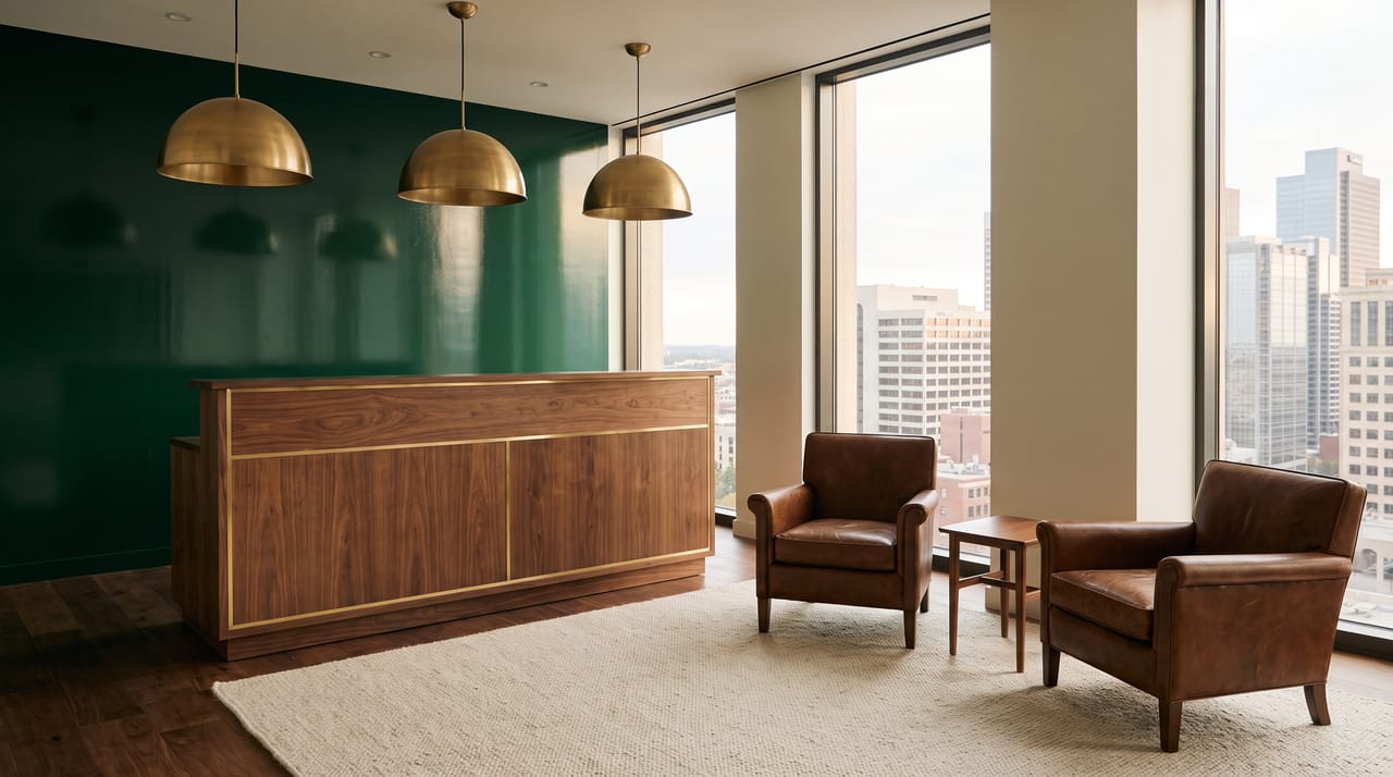 Reception area with a deep green wall, walnut desk and a view of downtown Columbus